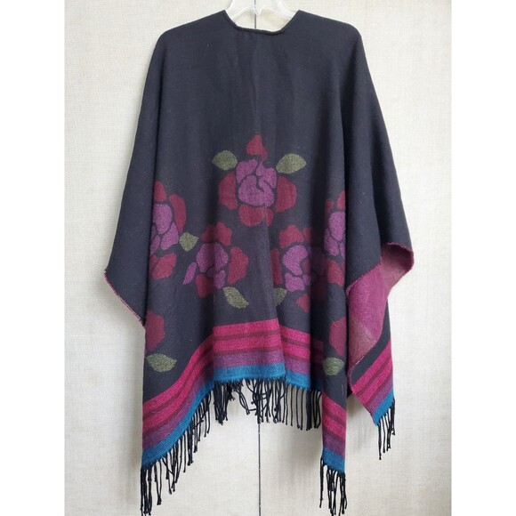 ACCESSORY STREET Acrylic Open Poncho Wrap with Fringe Floral Pattern One Size - Picture 7 of 7